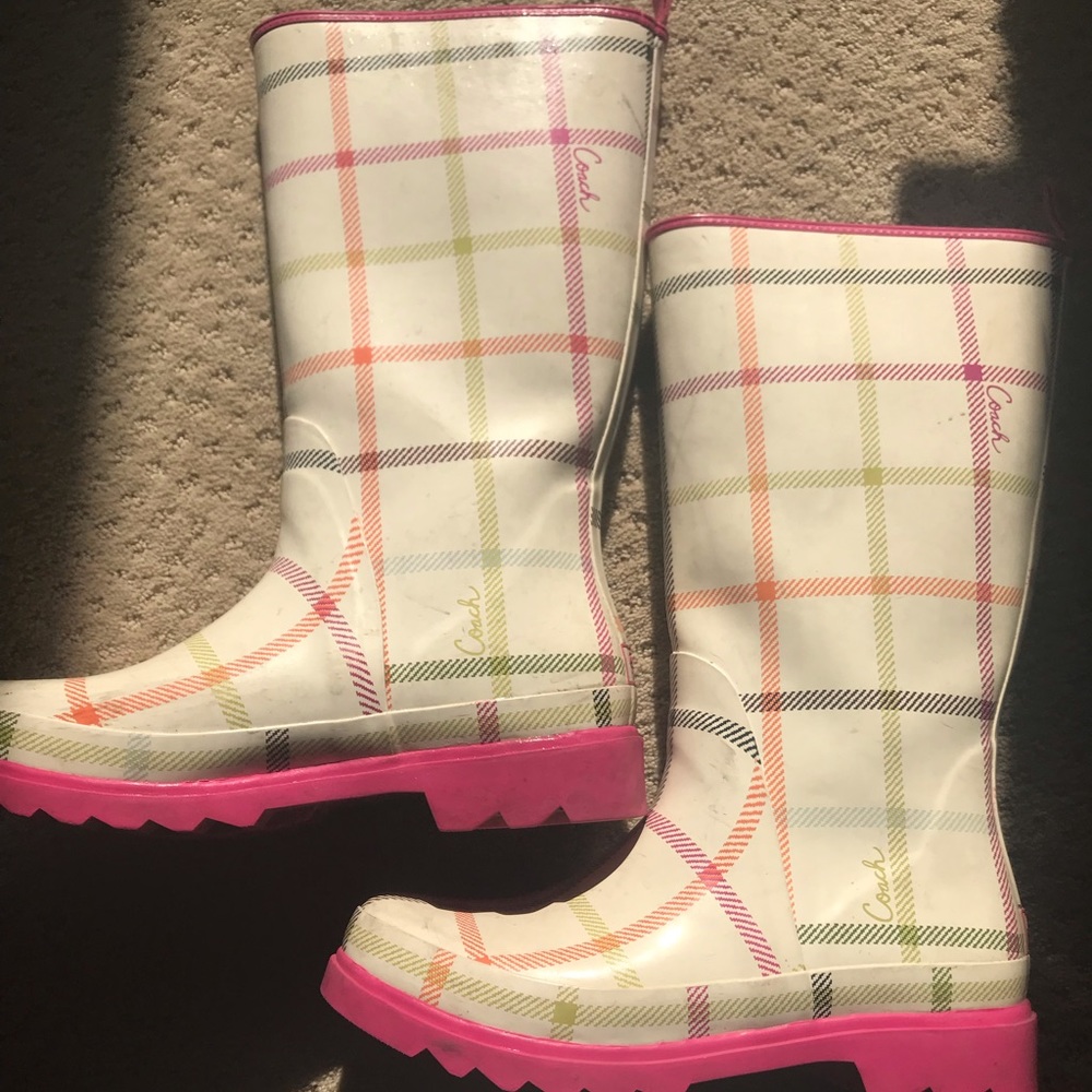 COACH CREAM AND PINK MULTICOLOR RAINBOOTS WOMENS 8